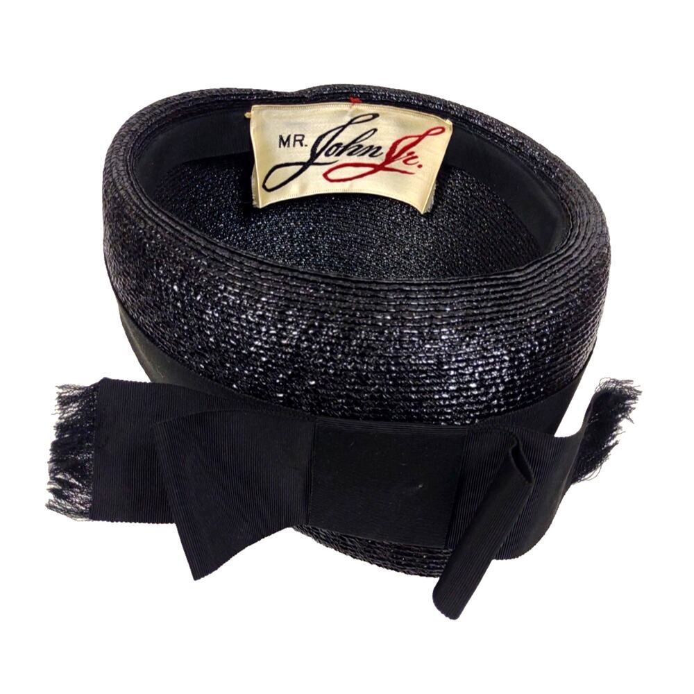 Mr John Jr Vintage Straw Pillbox Hat Black w Bow Union Made Fancy Church Formal - Picture 7 of 10
